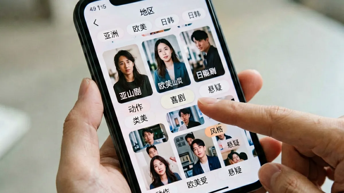 横向展示八妻子影院在手机端的三级标签分类筛选界面，可见地区、类型、风格三轴交叉筛选选项