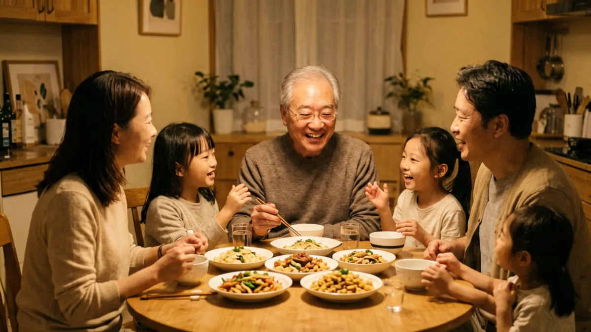 八妻子影院热门第三名影片室内场景，多人围坐在昏黄灯光下的家庭聚会画面